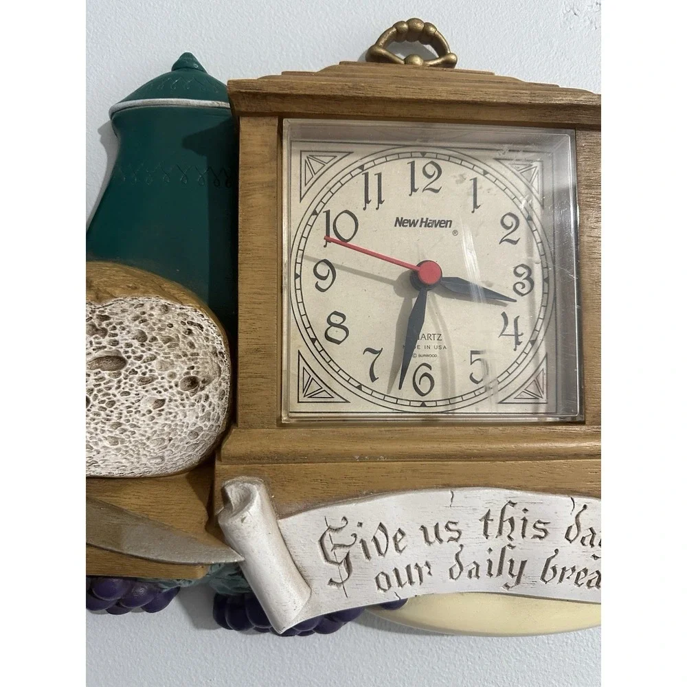 Vintage Kitchen Clock Give Us This Day Bread Plastic Wall Art Food Tea Retro